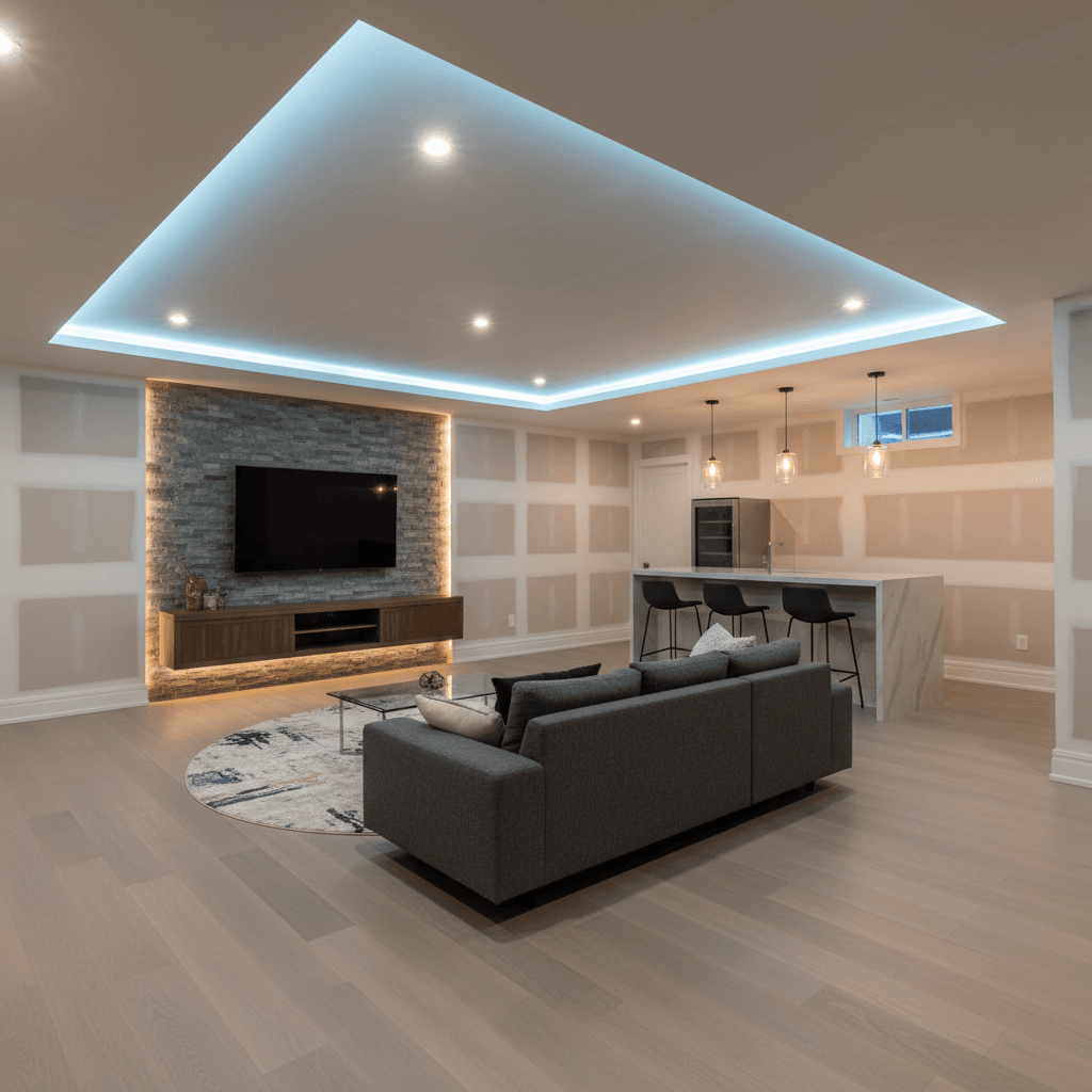 Basement renovation project completed with finished walls and flooring