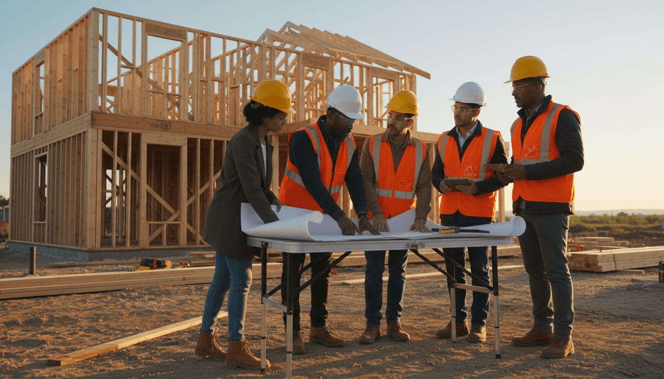Professional construction team in hard hats reviewing architectural blueprints on a residential building project