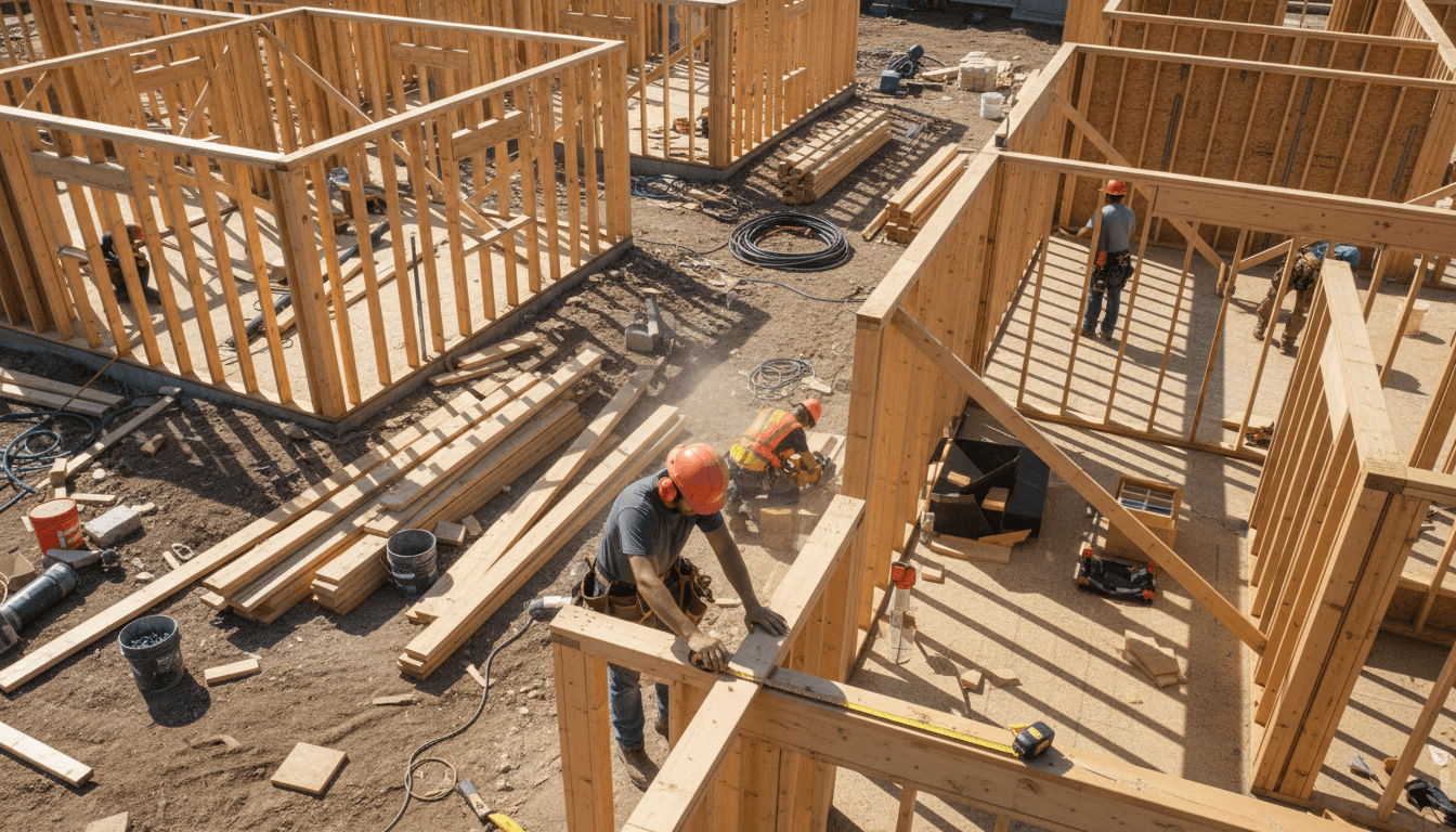Construction team working on residential building project with professional craftsmanship