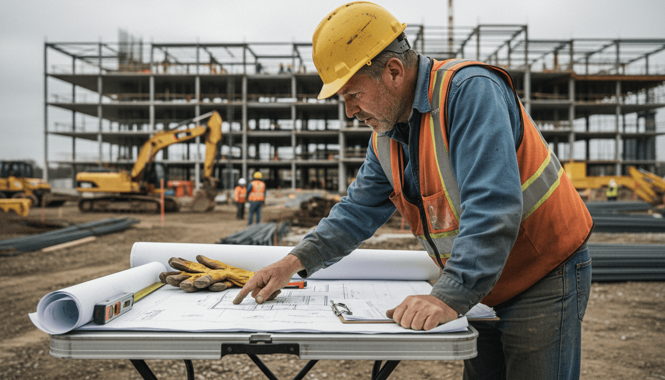 Construction team discussing project plans on site
