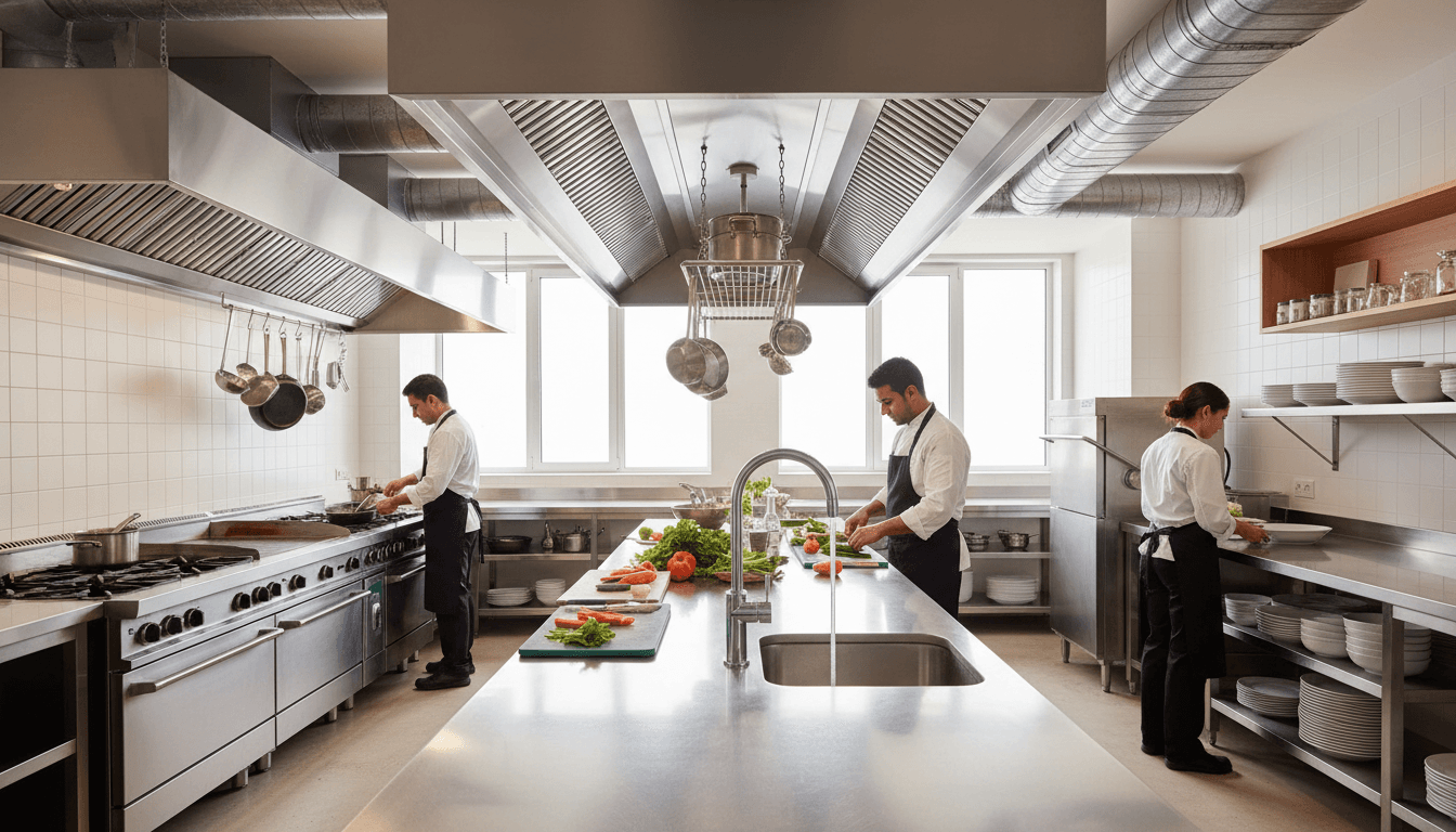 Modern commercial kitchen with professional equipment and clean finishes