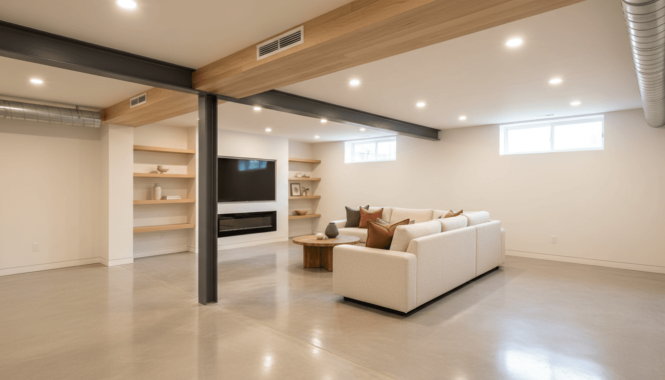 Basement renovation with flooring and finished walls